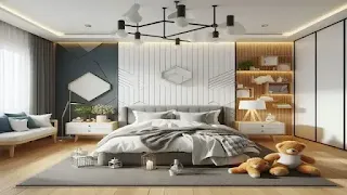 تصميم غرفة نوم أطفال عصرية بجدار يجمع بين الطلاء الأزرق الداكن والشرائح الخشبية والبيضاء